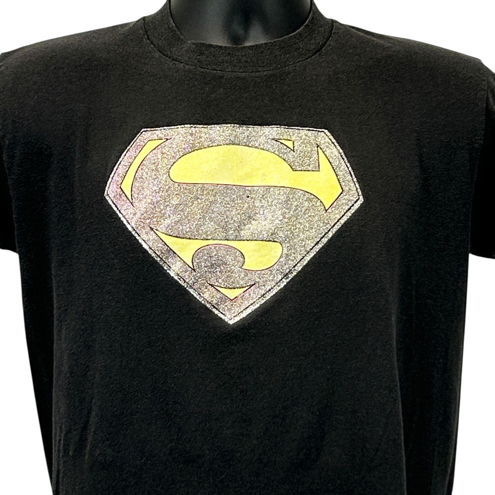 Vintage Superman Glitter Logo T Shirt Mens M Medium Black 80s DC Comics Tee
